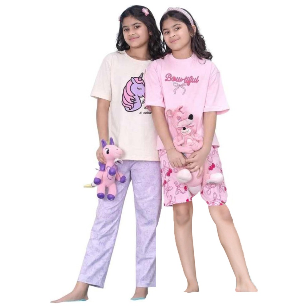 Artemea - 4pc-Set - Girls Dream Like A Unicorn Print Pajama Set & Bow-Tiful Printed Short Set