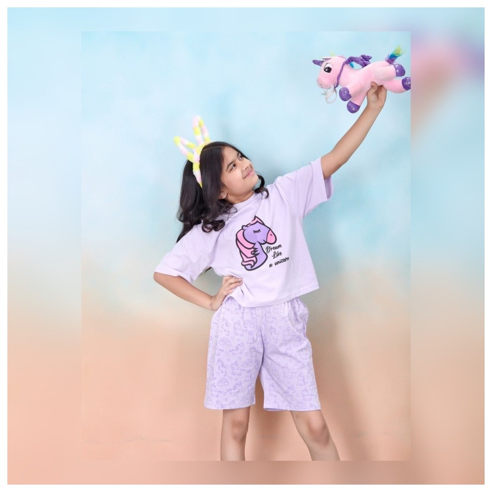 Artemea - 4pc-Set - Girls Dream Like A Unicorn Print Short Set & Butterfly Printed Pajama Set