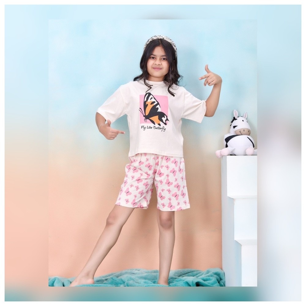 Artemea - 4pc-Set - Girls Butterfly Print Short Set & Ballerina Printed Pajama Set