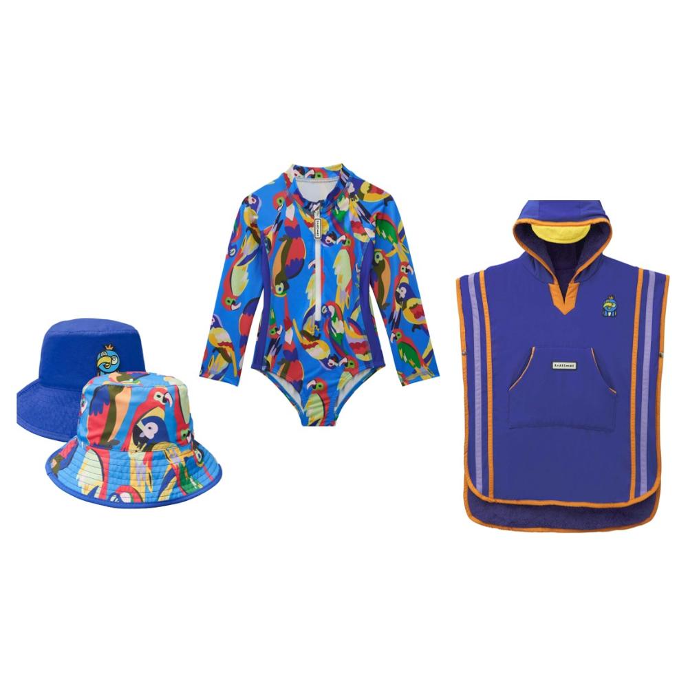 رورسوم - طقم من 3 قطع - مجموعة ملابس سباحة للبنات بتصميم الببغاء - أزرق