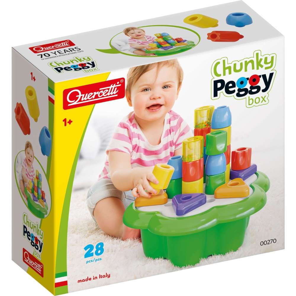 Quercetti Chunky Peggy Box Block Building And Stacking Toys - 28 Pc Set