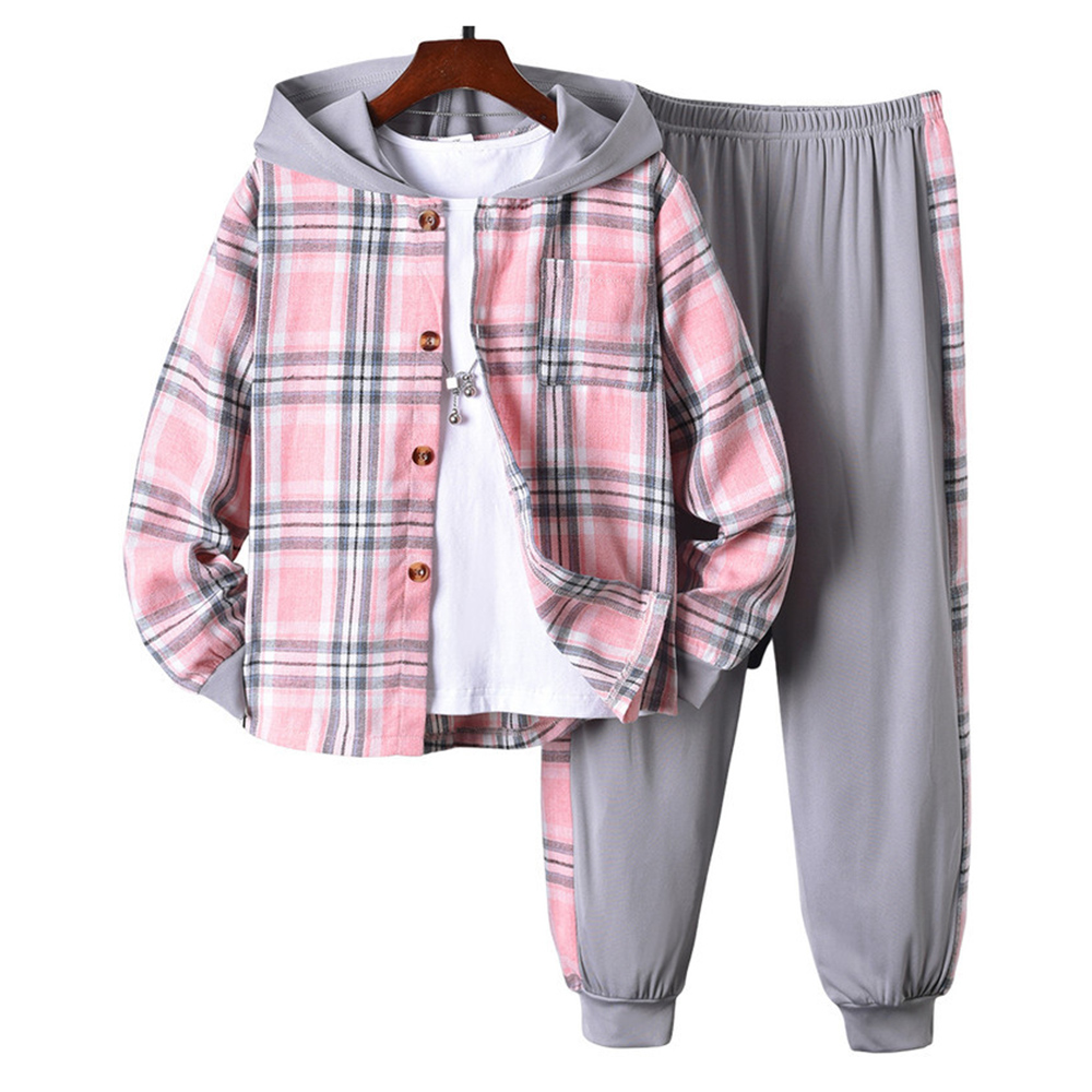 Kikofendy - 2pc-Set - Boys' Hooded Jacket And Color-Block Patchwork Cuffed Pants - Pink/Grey