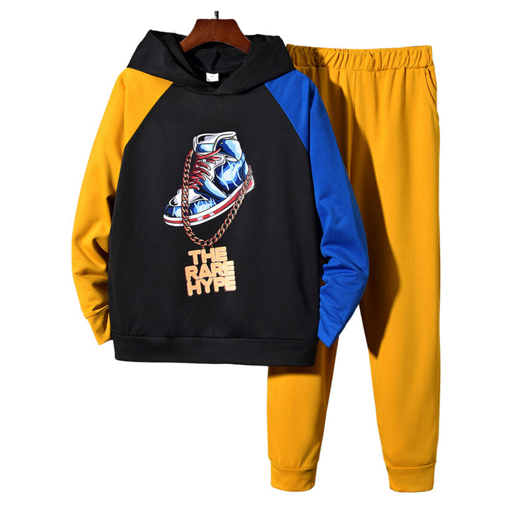 Kikofendy - 2pc-Set - Boys' Color-Block Patchwork Hoodie And Yellow Cuffed Pants