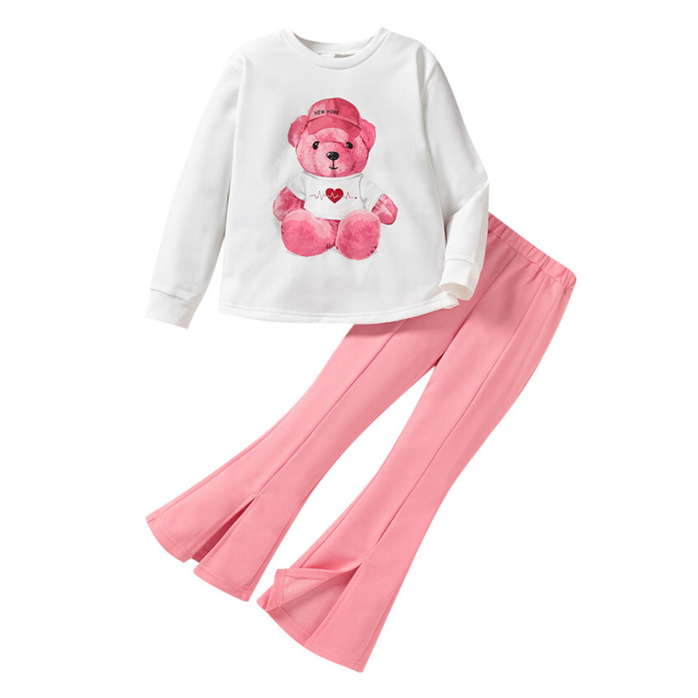 Kikofendy - 2pc-Set - Girls' Cute Pink Bear Print Sweatshirt And Split Sweet Flared Pants