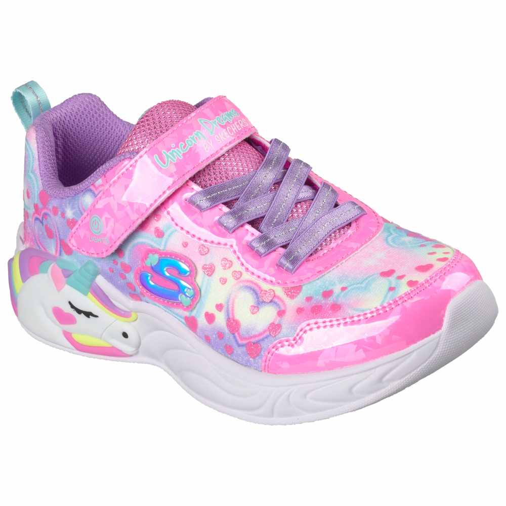 Skechers - Unicorn & Heart Print Light Up Strap Sneakers - Pink
