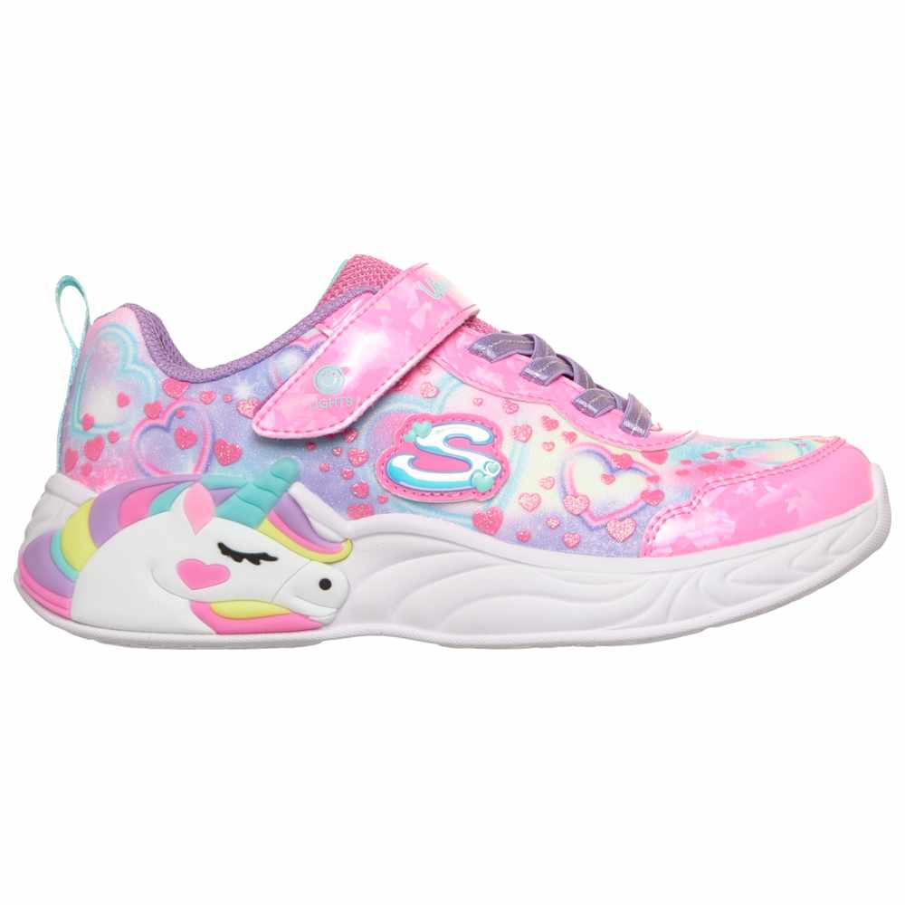 Skechers - Unicorn & Heart Print Light Up Strap Sneakers - Pink