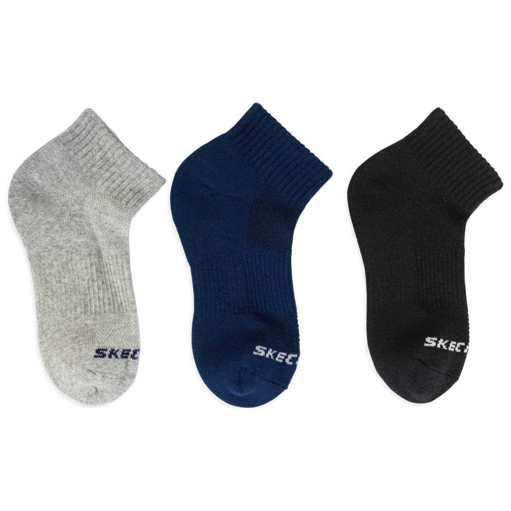 Skechers - Unisex Terry Quarter Crew Socks - Black/Blue/Grey - Pack of 3