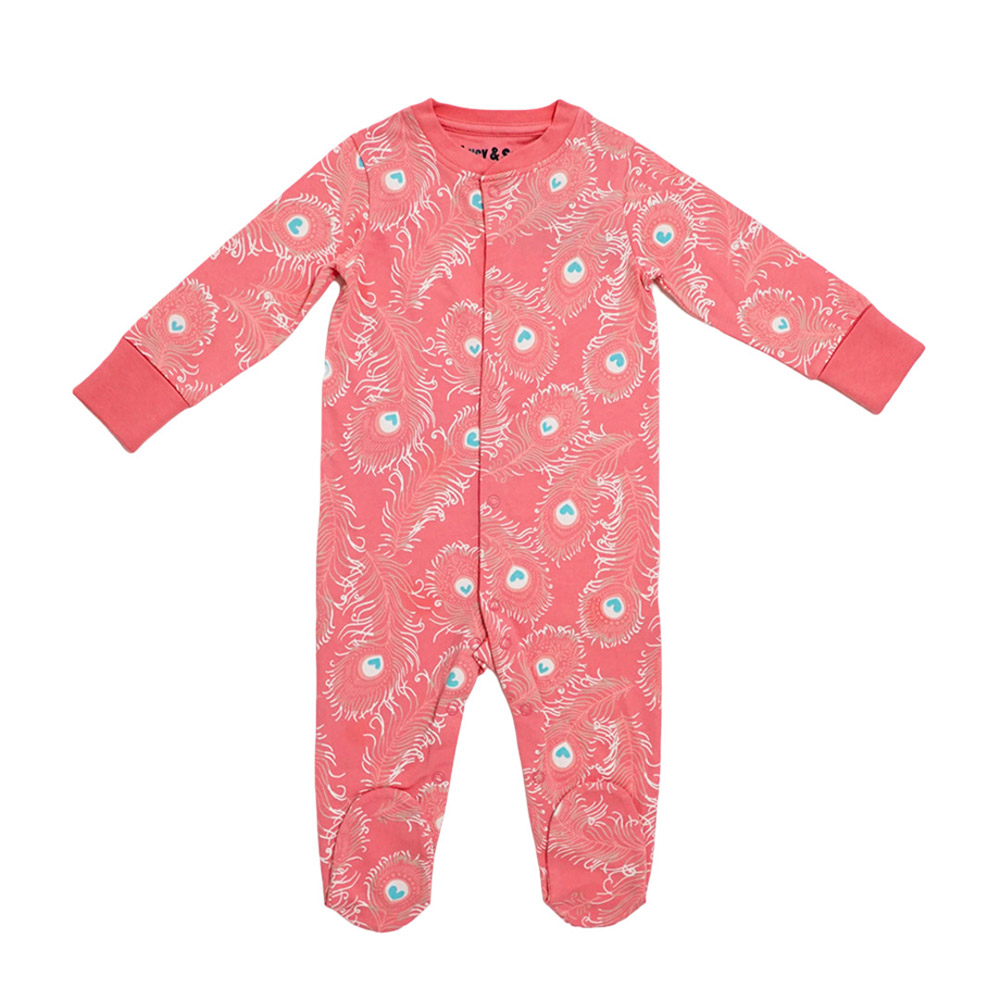 Lucy & Sam - Baby Girl's Peacock Button Babygrow - Pink