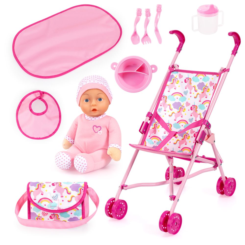 باير - دمية طفل مع عربة أطفال وملحقاتها - 30 سم - طقم من 7 قطع