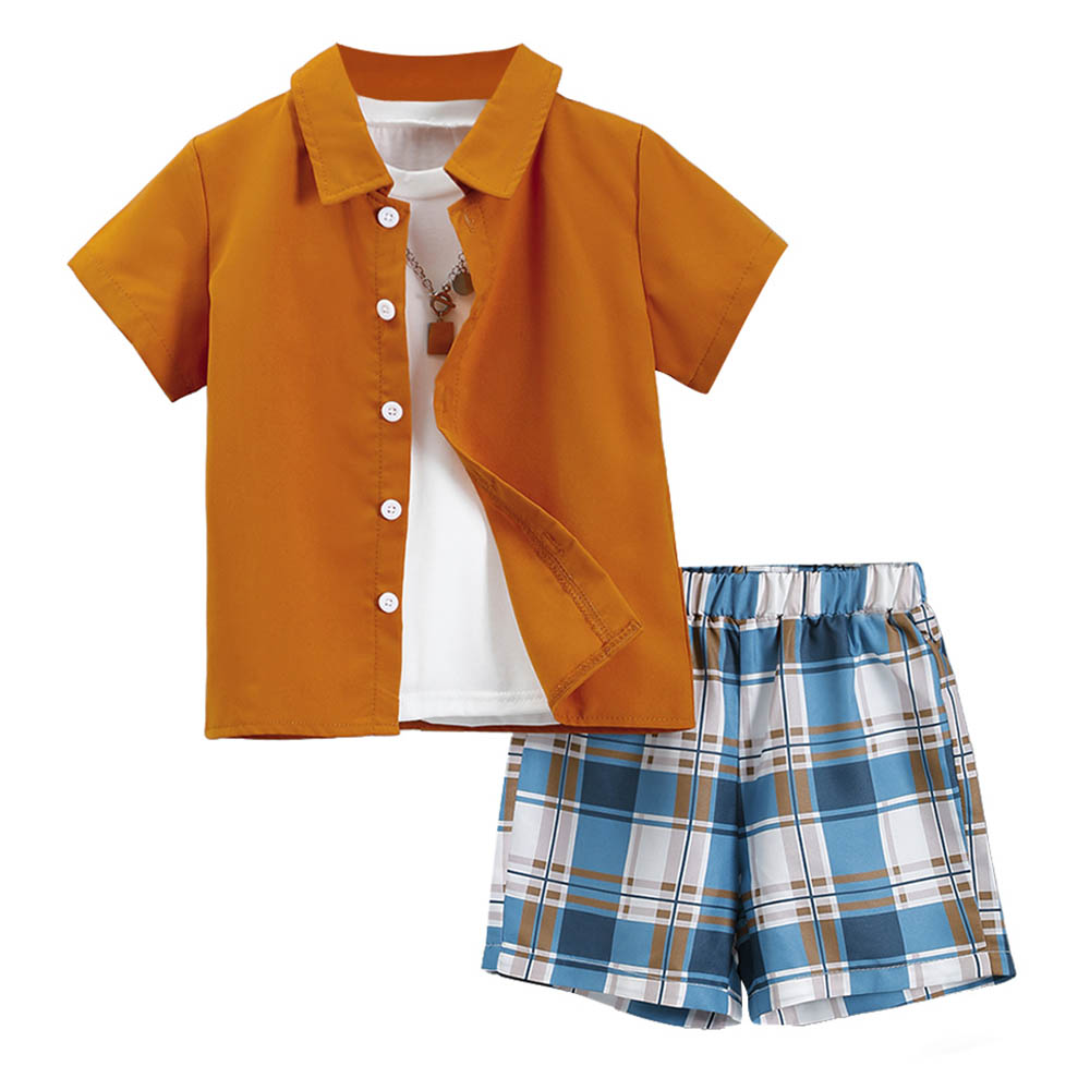 Brownbark - 2pc-Set - Boy's Short Sleeves Shirt And Checkered Shorts