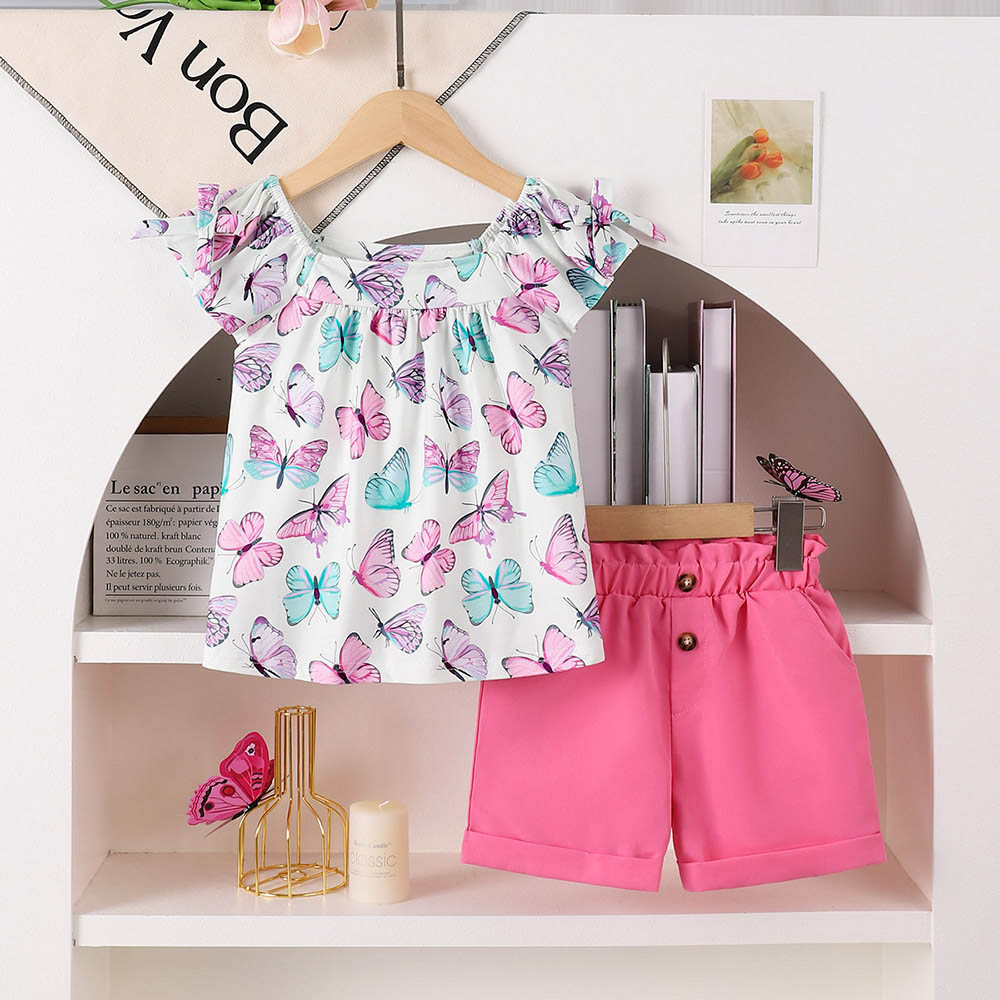 Brownbark - 2pc-Set - Girl's Butterfly Printed Top And Shorts