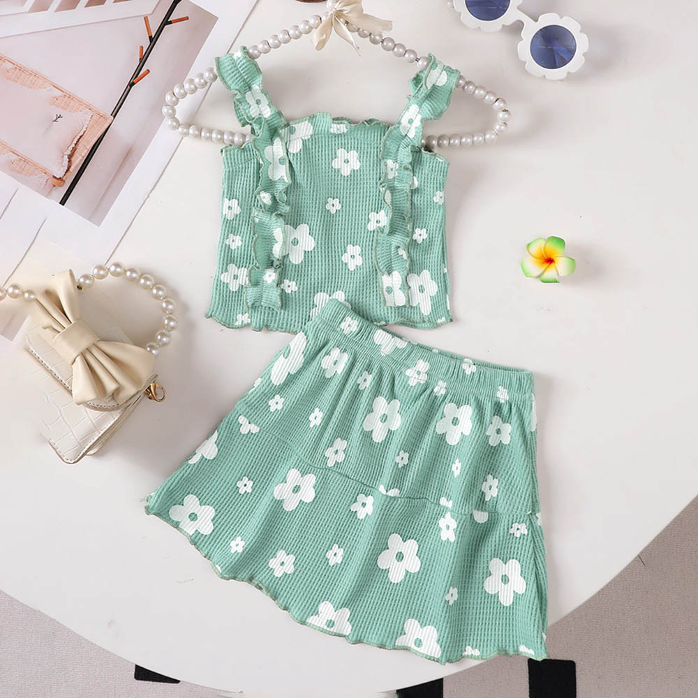 Brownbark - 2pc-Set - Baby Girl's Floral Tank Top And Skirt - Green