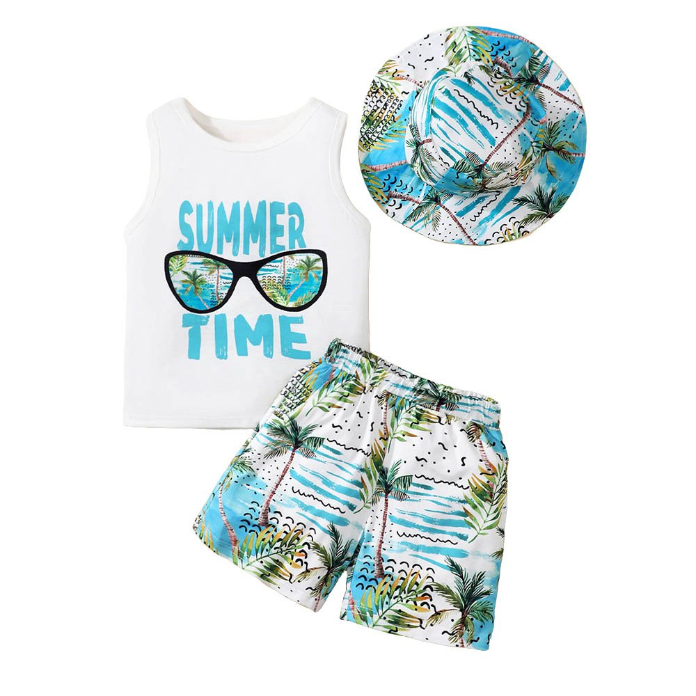 Brownbark - 3pc-Set - Boy's Printed Vest With Shorts And Hat - Blue