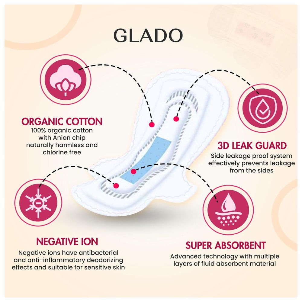 Glado - 100% Organic Cotton Sanitary Napkins - 29 cm - 8 Pcs