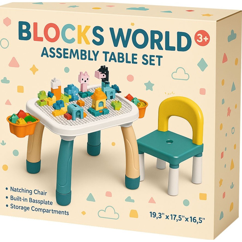 Kikibebe - Plum Blossom Shape Building Block Table With Chair - Deep Lake Green - 100 Pc Set