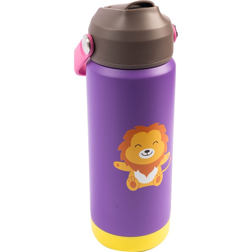 Cocobee - Kids Lion Insulated Stainless Steel Water Bottle With Handle Grip - Purple - 500 ml