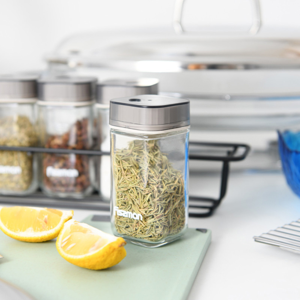 فيسمان - طقم عبوات التوابل مع رف - شفاف - 5 قطع