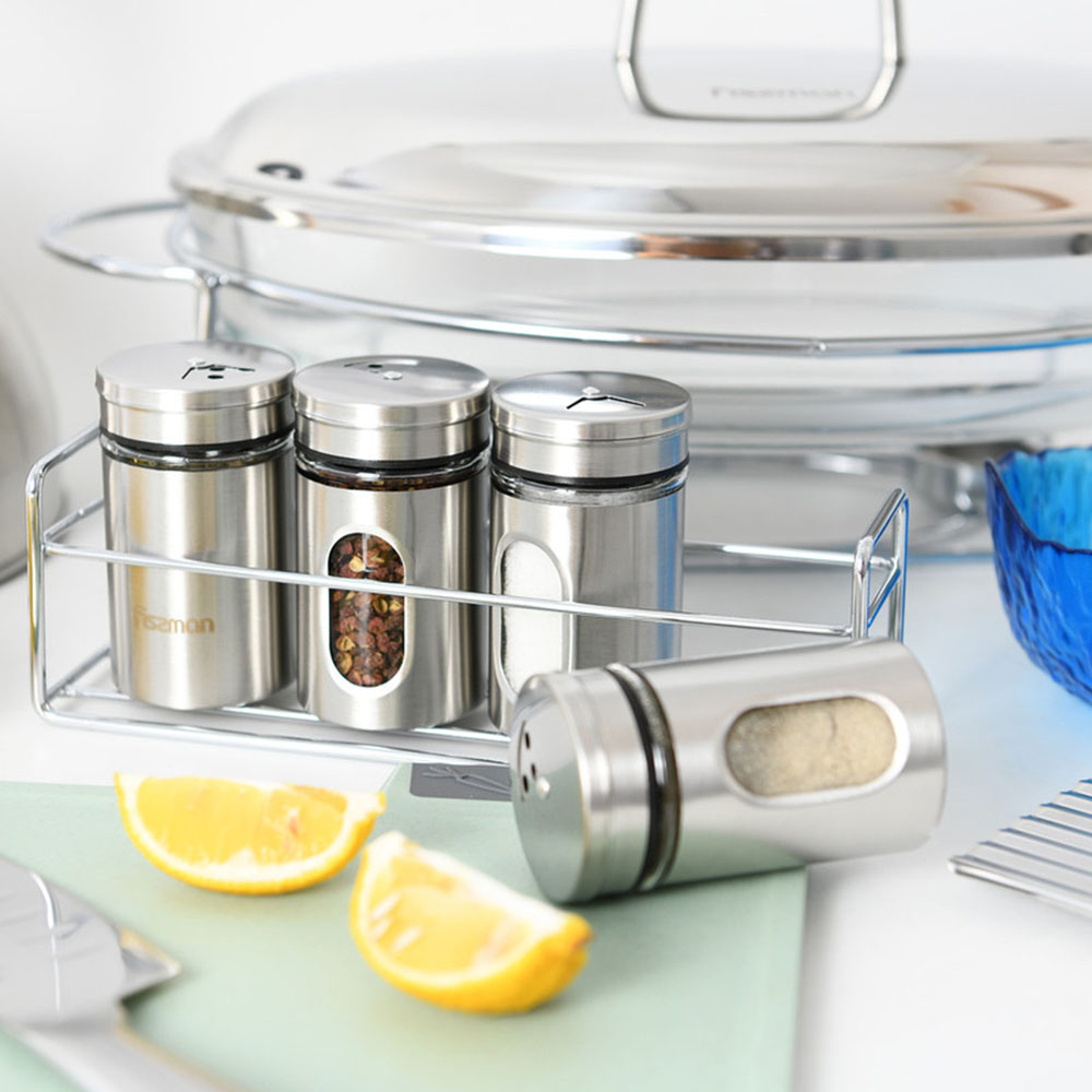 فيسمان - طقم مرشة ملح وفلفل زجاجية مع رف - 80 مل - 5 قطع