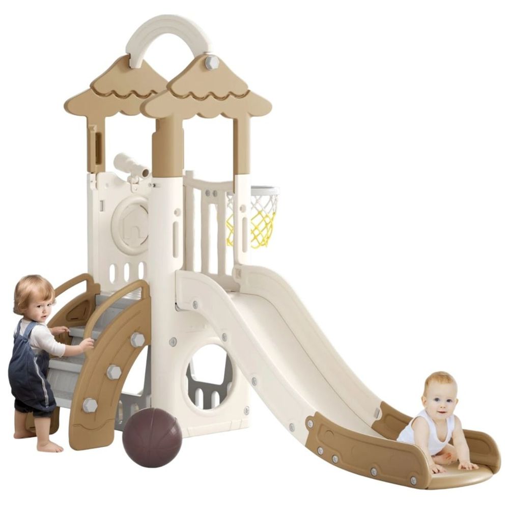 Little Angel Kids Slide, Climber & Basketball Hoop - Coffee