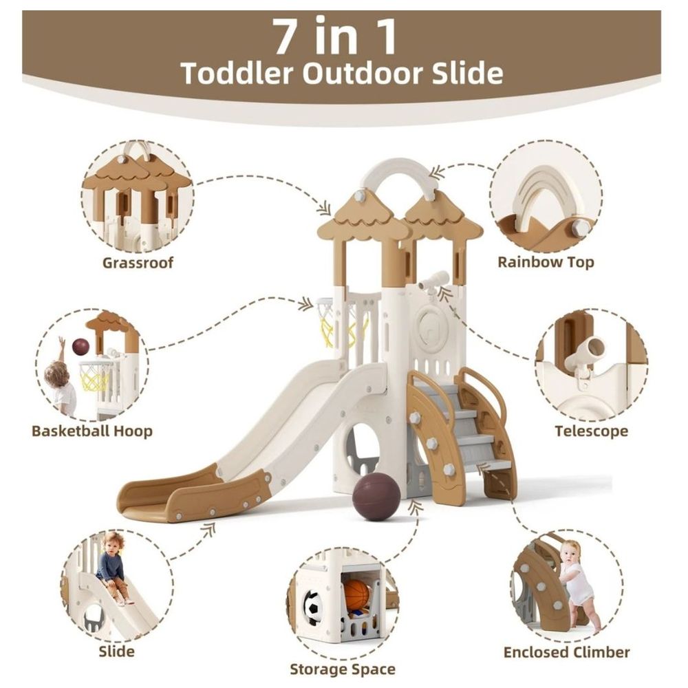Little Angel Kids Slide, Climber & Basketball Hoop - Coffee