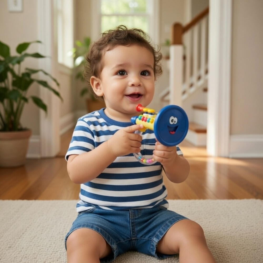 Goodway - Baby Trumpet Rattle Toy With Colorful Beads Handle - Blue