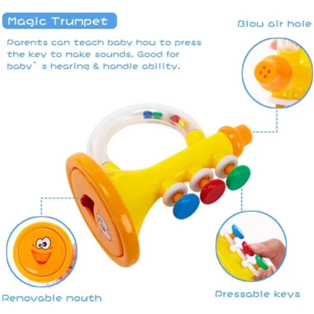 Goodway - Baby Trumpet Rattle Toy With Colorful Beads Handle - Blue
