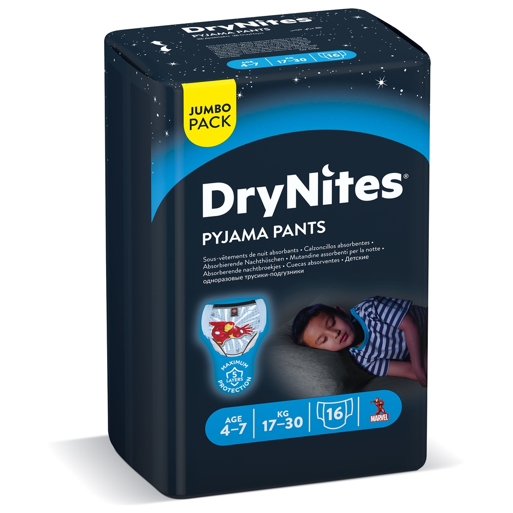 Huggies - DryNites Pyjama Pants, 4-7 years, Bed Wetting Diaper, Boys, 17-30 kg, Jumbo Pack, 16 Pants