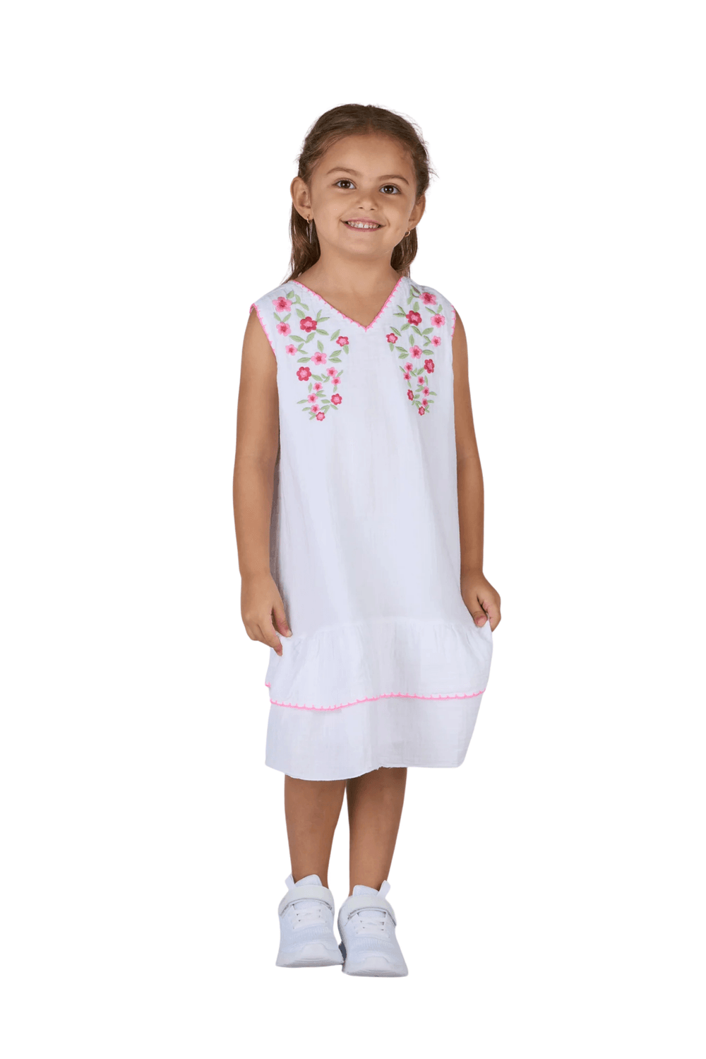 فستان بناتي مطرز بالزهور بياقة على شكل حرف V من جاست ناتشر - أبيض
