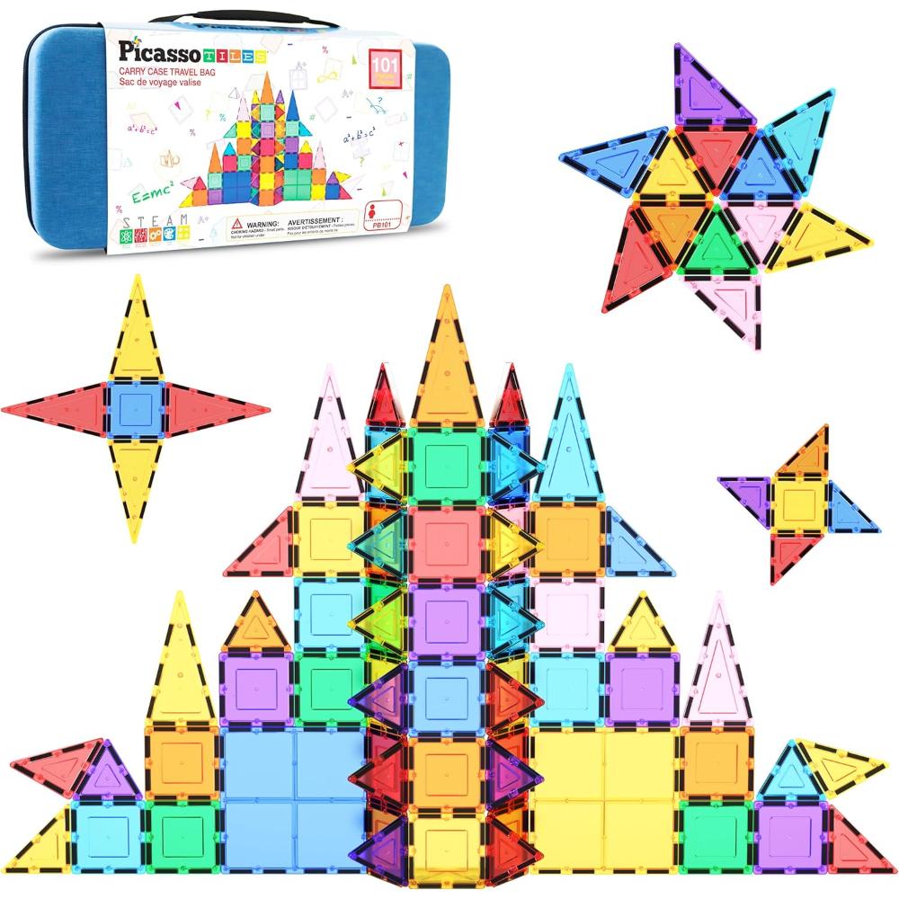 Picasso Tiles Magnetic Tiles With Carry Case Travel Bag Set - Multicolor - 101 Pcs