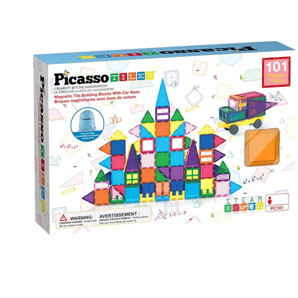 Picasso Tiles Magnetic Tile Building Blocks With Car Base - Multicolor - 101 Pcs
