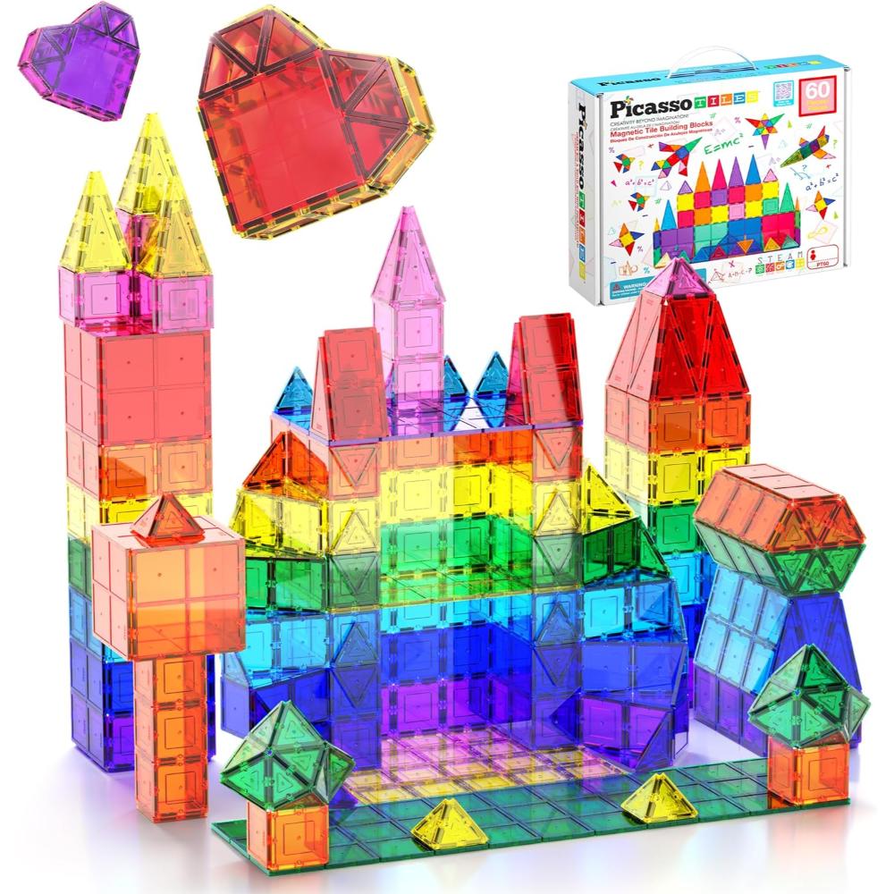 Picasso Tiles Magnetic Tile Building Blocks Set - Multicolor - 60 Pcs