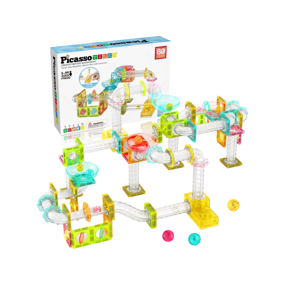 Picasso Tiles Travel Size Magnetic Marble Run With Launcher - Multicolor - 80 Pcs