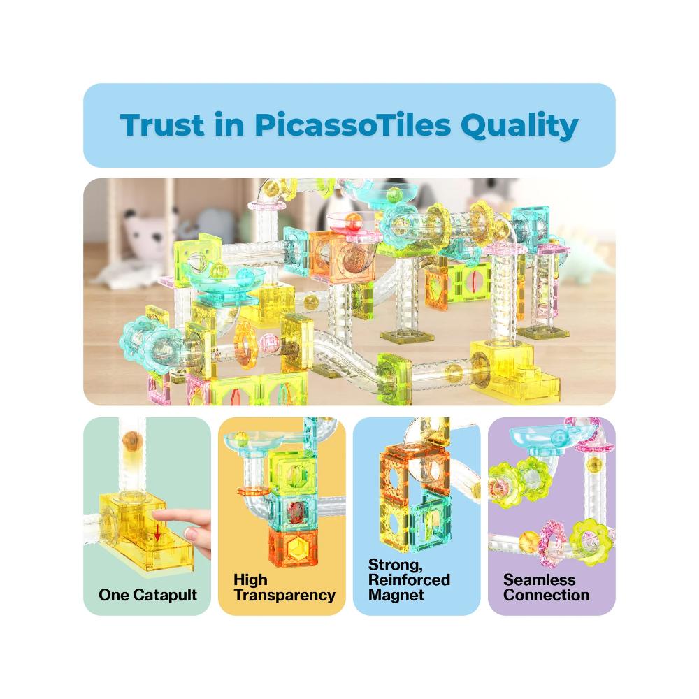 Picasso Tiles Travel Size Magnetic Marble Run With Launcher - Multicolor - 80 Pcs