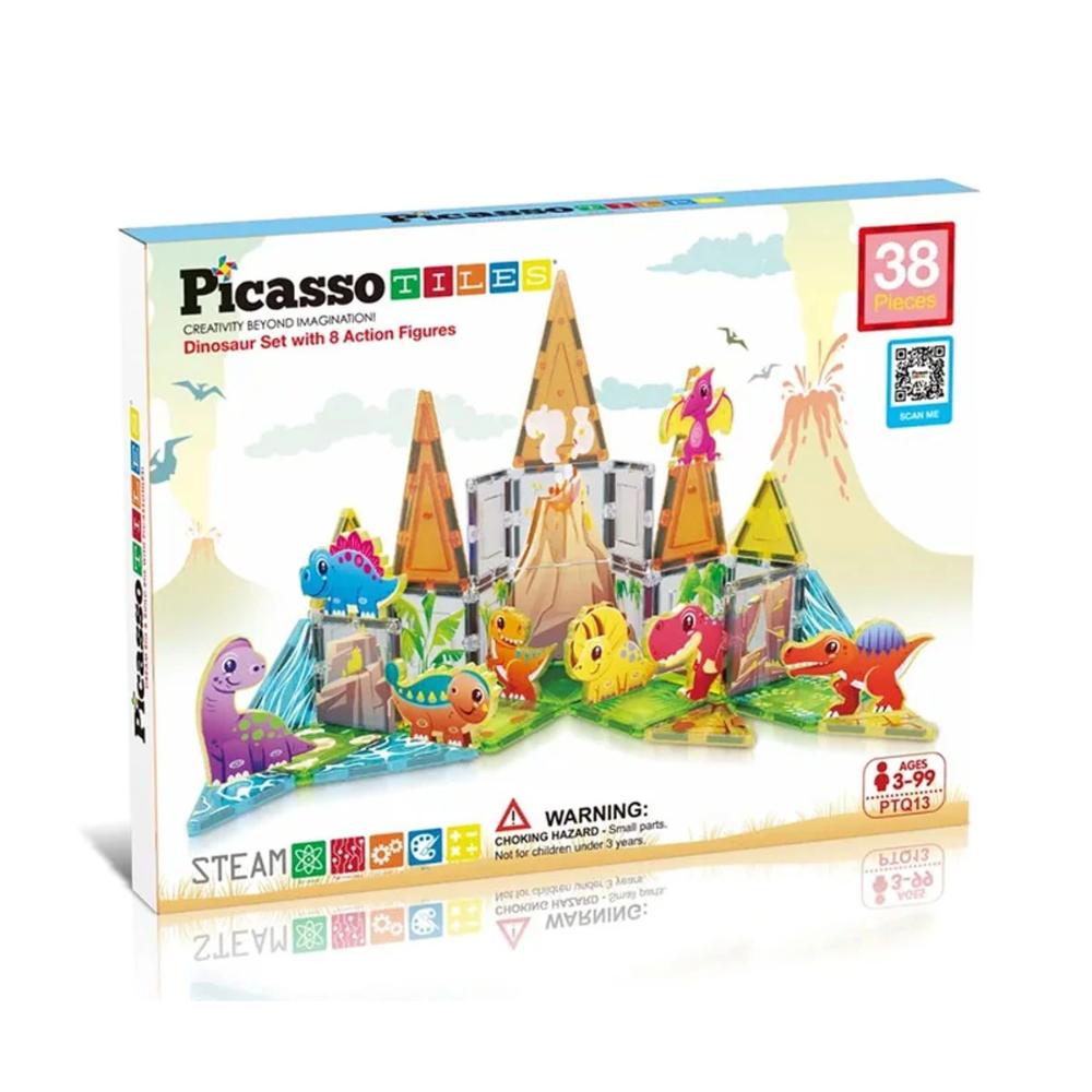 Picasso Tiles Magnetic Dinosaur Set With 8 Action Figure Building Toy - Multicolor - 38 Pcs