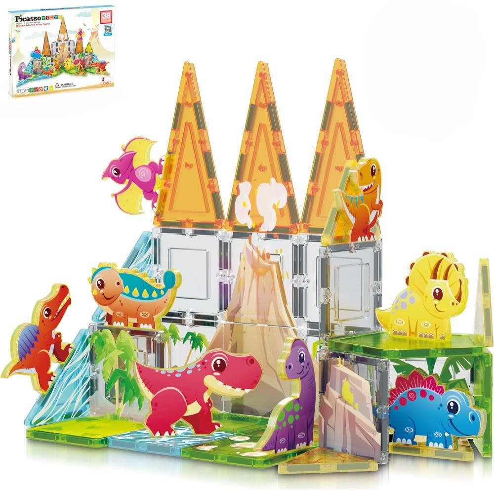 Picasso Tiles Magnetic Dinosaur Set With 8 Action Figure Building Toy - Multicolor - 38 Pcs