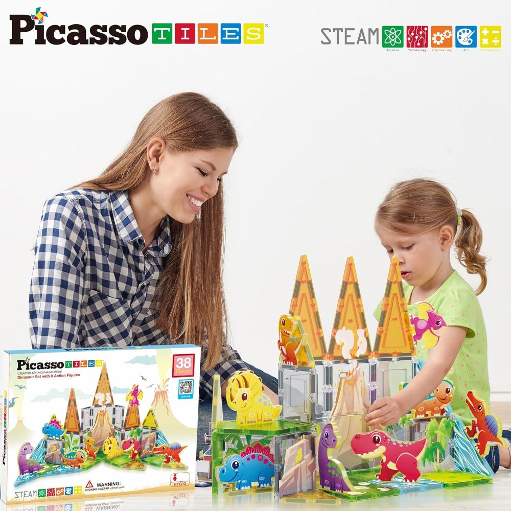 Picasso Tiles Magnetic Dinosaur Set With 8 Action Figure Building Toy - Multicolor - 38 Pcs