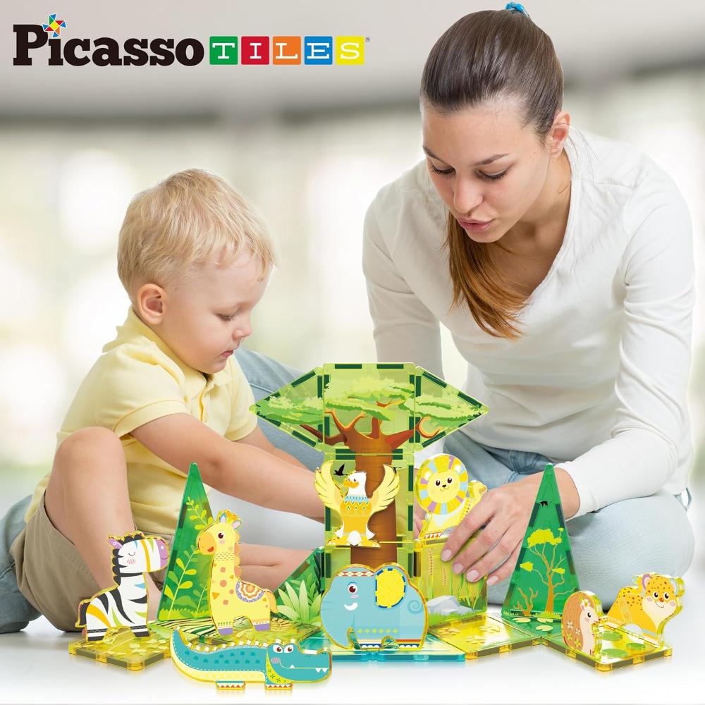 Picasso Tiles Magnetic Tiles Safari Set With 8 Animals - Multicolor - 26 Pcs