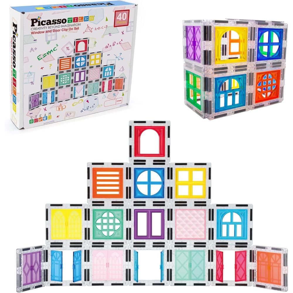 Picasso Tiles Magnetic Tiles Building Toy Set - Clip-On Window And Door - 40 Pcs