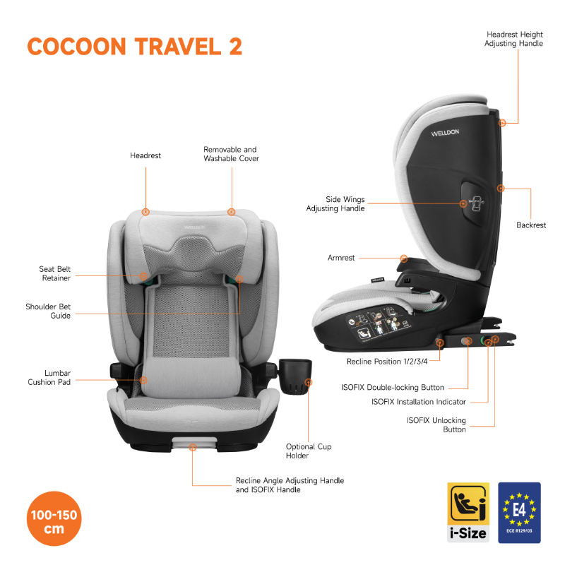 WELLDON Cocoon Travel 2 I-Size High Back Booster Car Seat - Moonstone - 100-150 cm