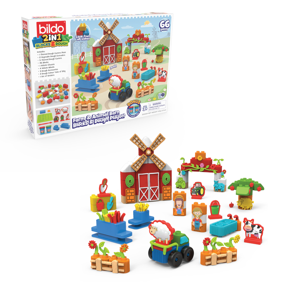 بيلدو - مزرعة وحظيرة الحيوانات - مجموعة مكعبات ومعجون اللّعب - 66 قطعة