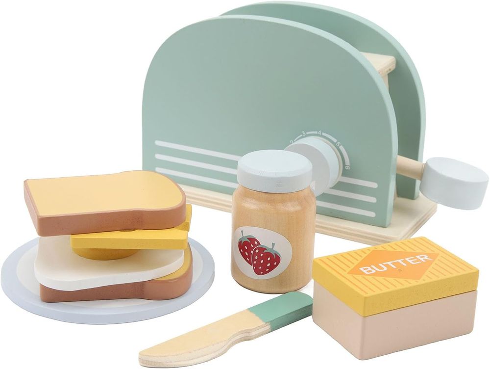 Little Angel Kids Wooden Bread Toaster Pretend Playset - 10pcs