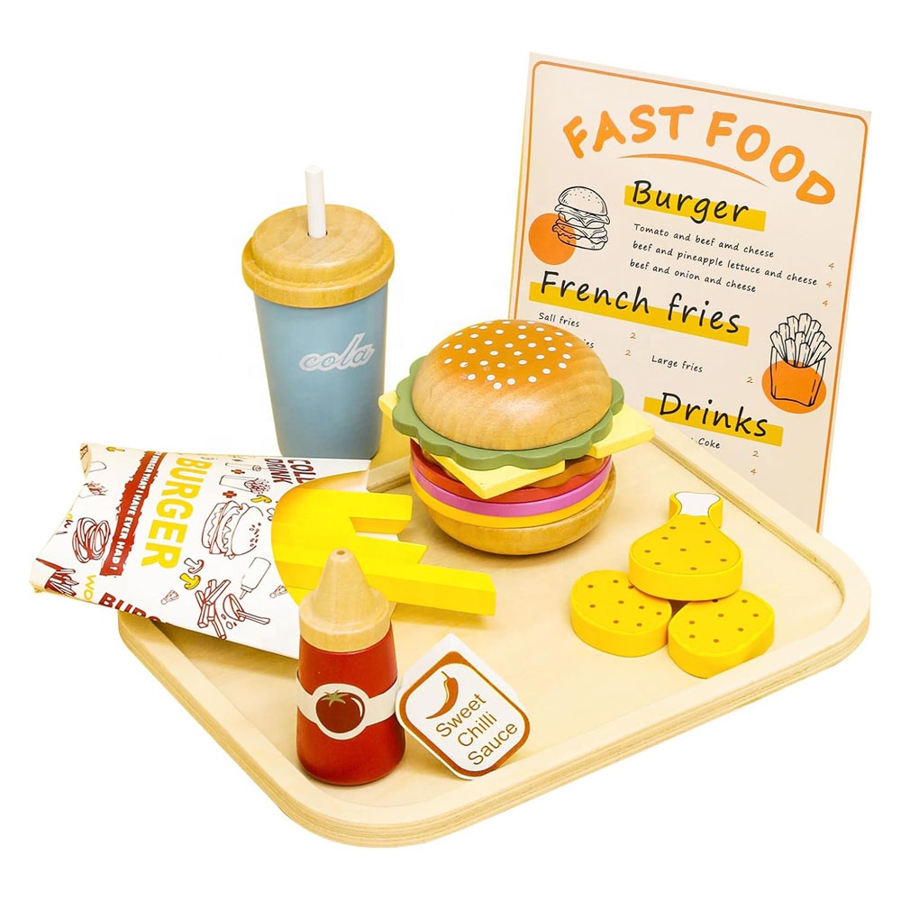 Little Angel Kids Wooden Fast Food Burger & Fries Playset - 15+ Pcs