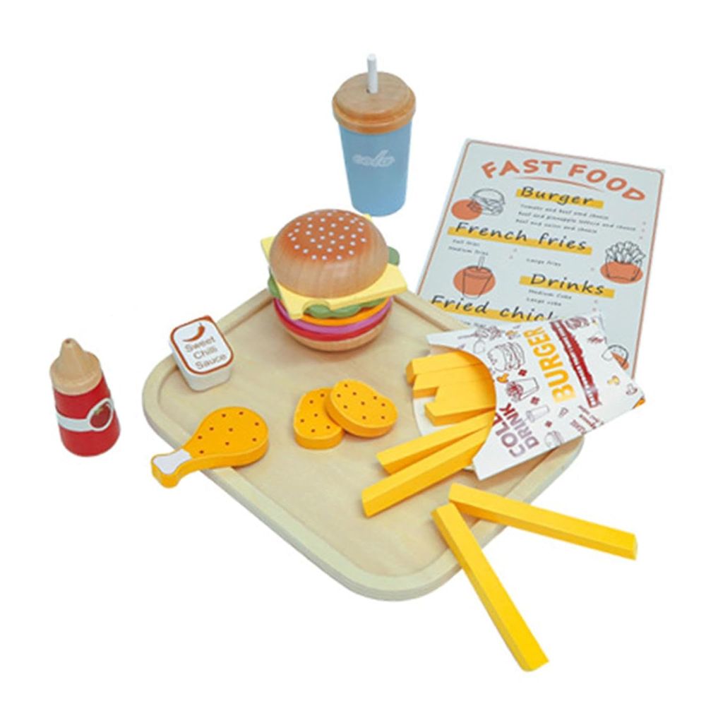 Little Angel Kids Wooden Fast Food Burger & Fries Playset - 15+ Pcs