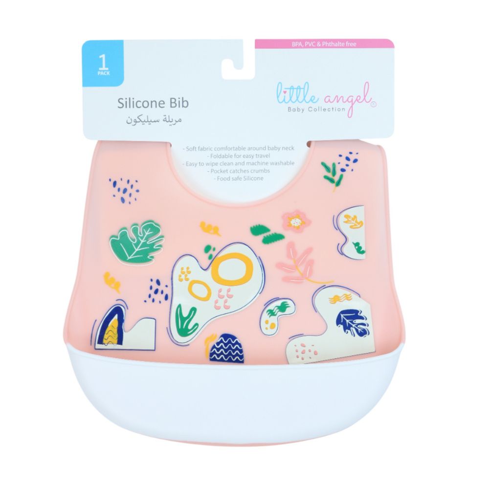 ليتل أنجل – مريلة سيليكون للرضع بتصميم تجريدي ملون – زهري/أبيض