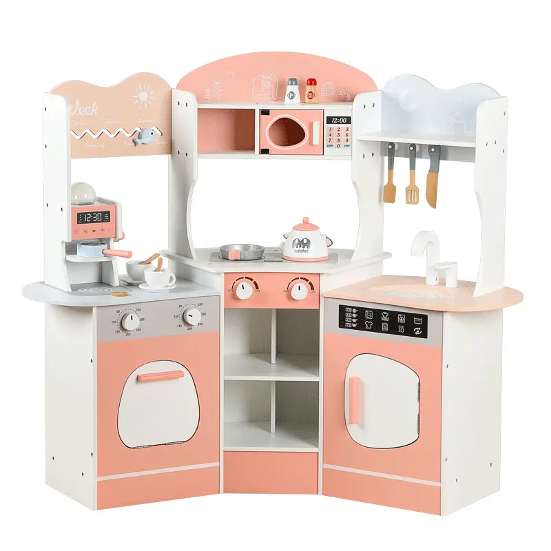 Little Angel Kids Wooden Play Kitchen Set - Pink/White