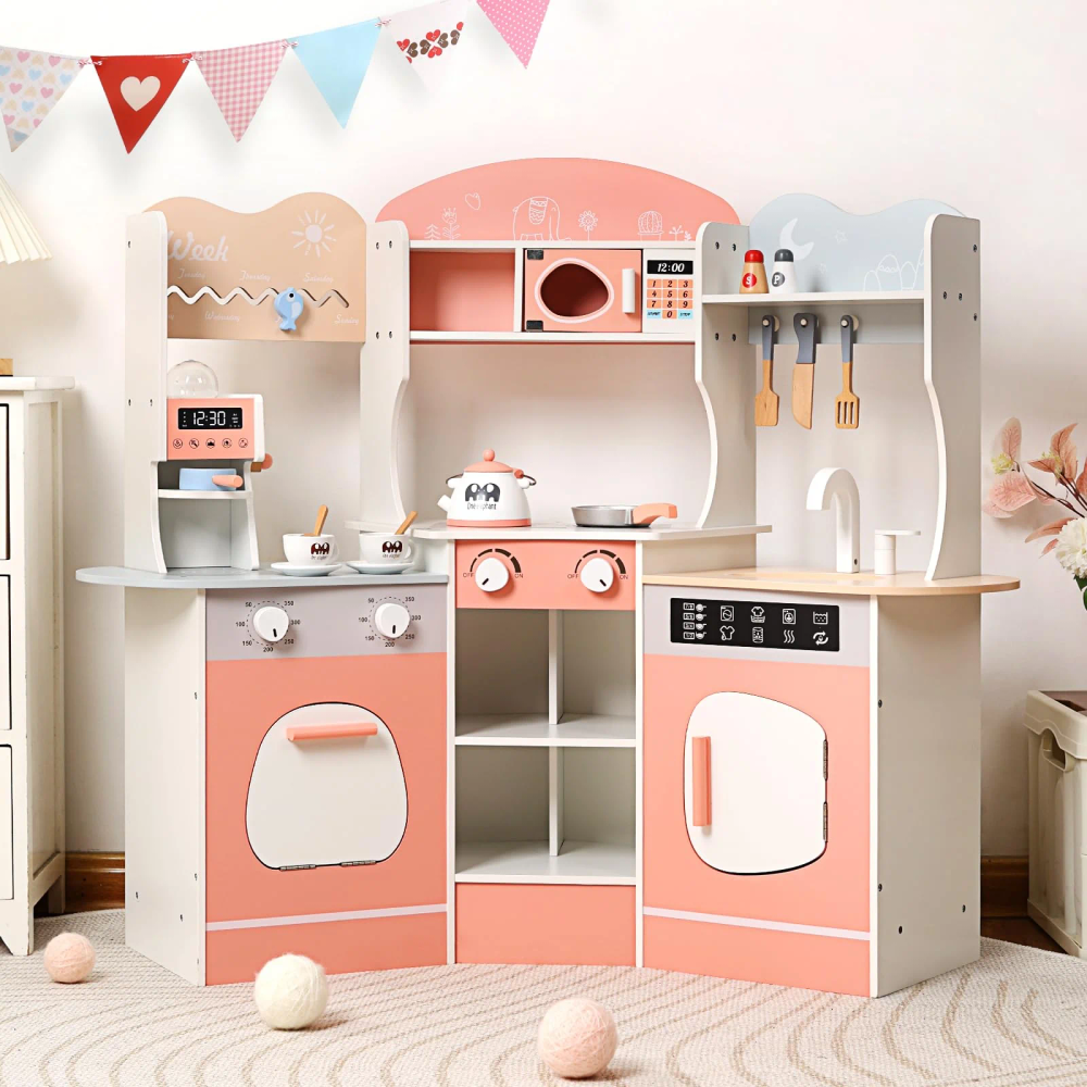 Little Angel Kids Wooden Play Kitchen Set - Pink/White