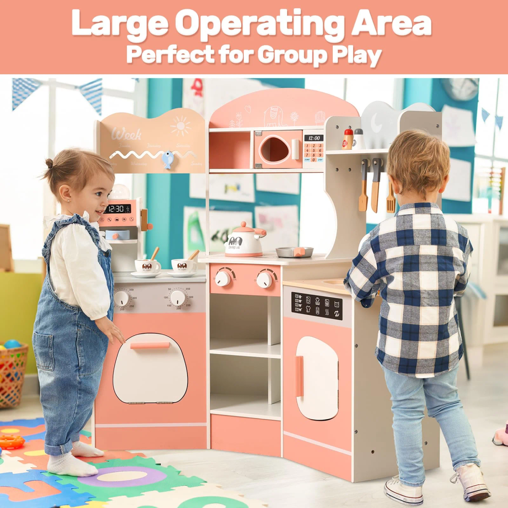 Little Angel Kids Wooden Play Kitchen Set - Pink/White