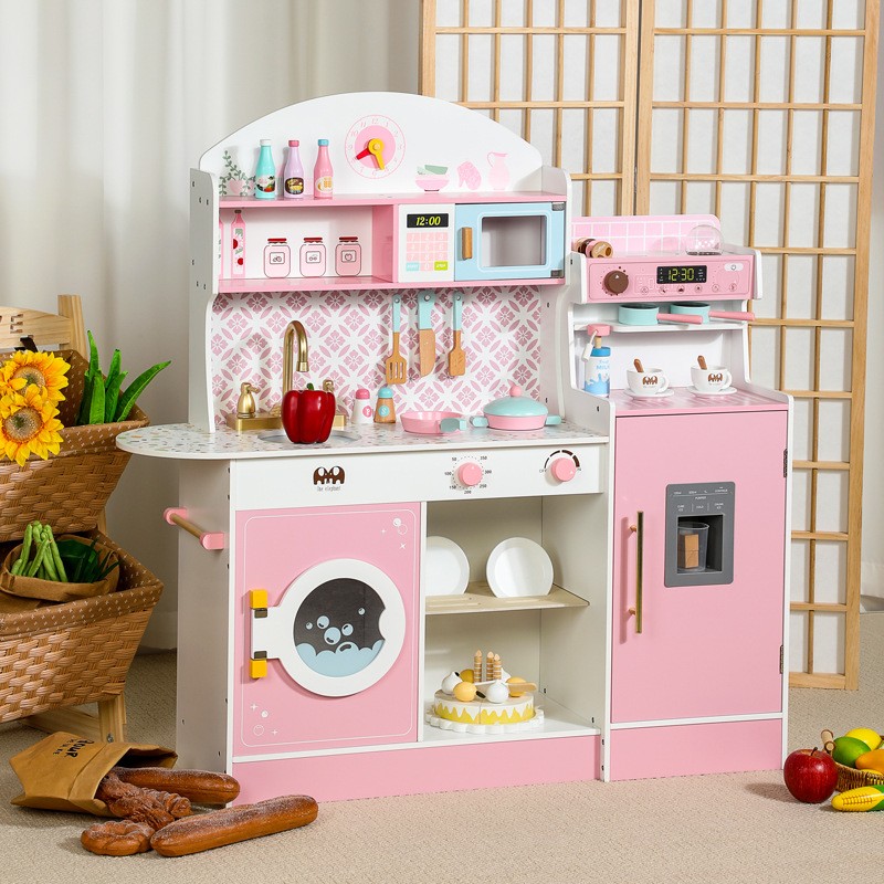 Little Angel Kids Wooden Kitchen Playset With Accessories - Pink