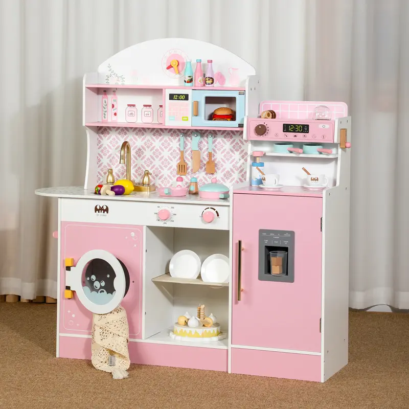 Little Angel Kids Wooden Kitchen Playset With Accessories - Pink