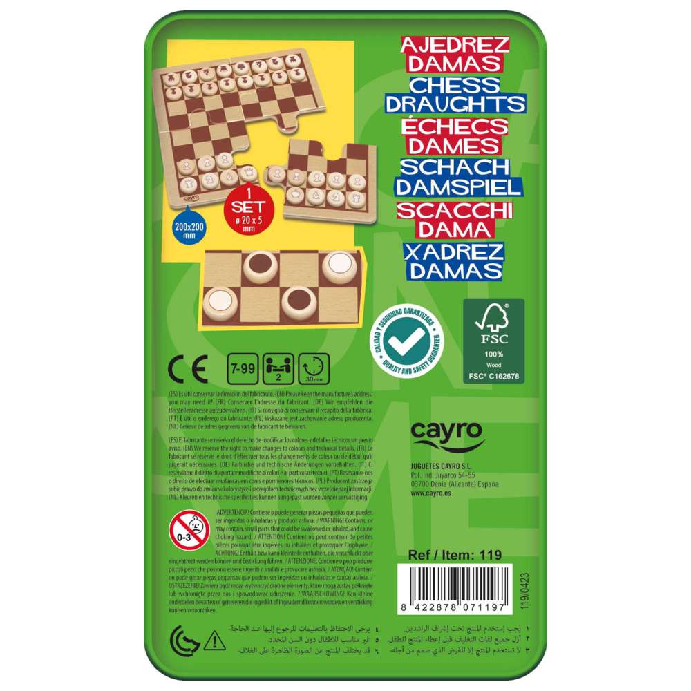 Cayro - Chess & Draughts Board Game With Metal Box - 61 Pcs